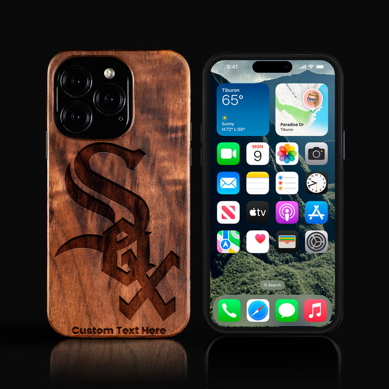 Custom Chicago White Sox iPhone 16/16 Pro/16 Pro Max/16 Plus Case - Carved Wood White Sox Cover