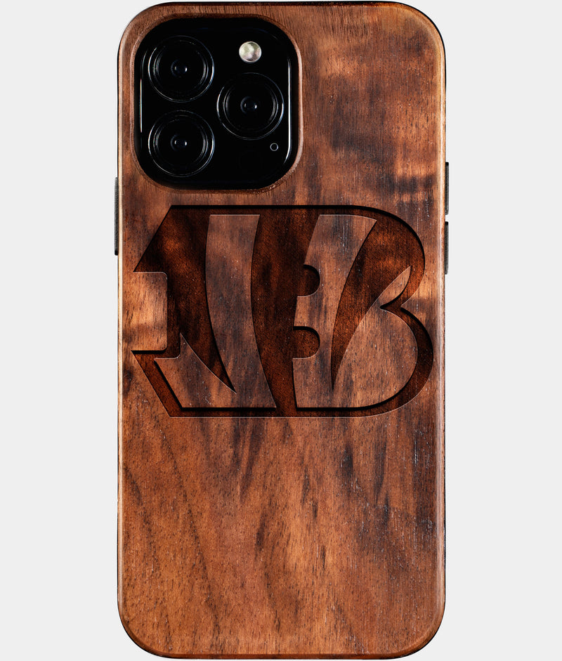 Custom Cincinnati Bengals iPhone 16/16 Pro/16 Pro Max/16 Plus Case - Wood Bengals Cover - Eco-friendly Cincinnati Bengals iPhone 16 Case - Carved Wood Custom Cincinnati Bengals Gift For Him - Monogrammed Personalized iPhone 16 Cover By Engraved In Nature