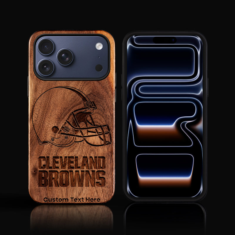 Custom Cleveland Browns iPhone 17/17 Pro/17 Pro Max/17 Air Case - Carved Wood Cleveland Browns Cover