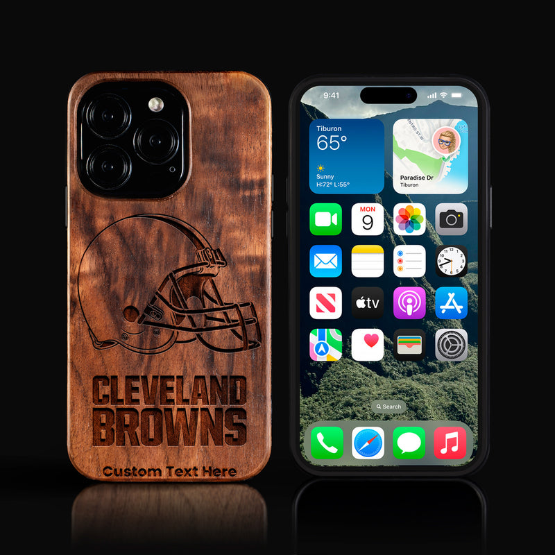 Custom Cleveland Browns iPhone 16/16 Pro/16 Pro Max/16 Plus Case - Carved Wood Cleveland Browns Cover
