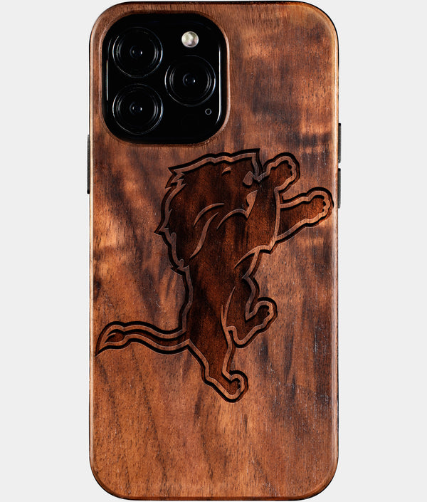 Custom Detroit Lions iPhone 16/16 Pro/16 Pro Max/16 Plus Case - Wood Detroit Lions Cover - Eco-friendly Detroit Lions iPhone 16 Case - Carved Wood Custom Detroit Lions Gift For Him - Monogrammed Personalized iPhone 16 Cover By Engraved In Nature