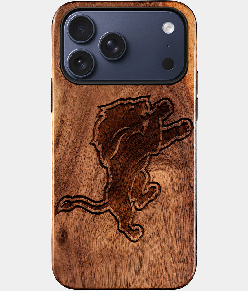 Eco-friendly Detroit Lions iPhone 17 Pro Max Case - Carved Wood Custom Detroit Lions Gift For Him - Monogrammed Personalized iPhone 17 Pro Max Cover By Engraved In Nature