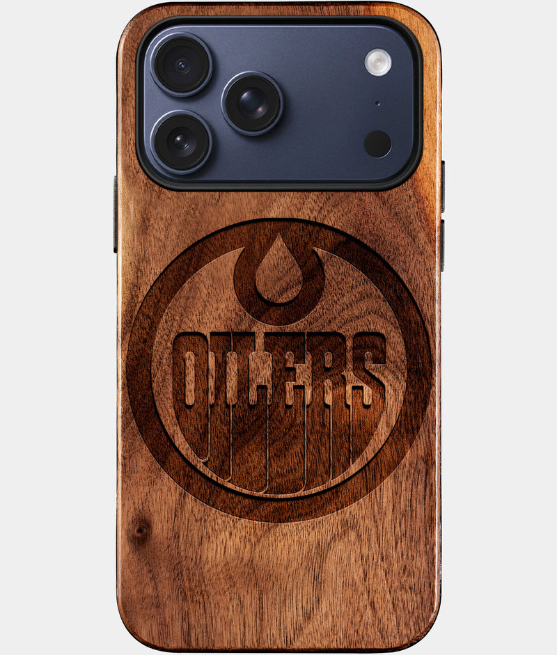 Eco-friendly Edmonton Oilers iPhone 17 Pro Max Case - Carved Wood Custom Edmonton Oilers Gift For Him - Monogrammed Personalized iPhone 17 Pro Max Cover By Engraved In Nature