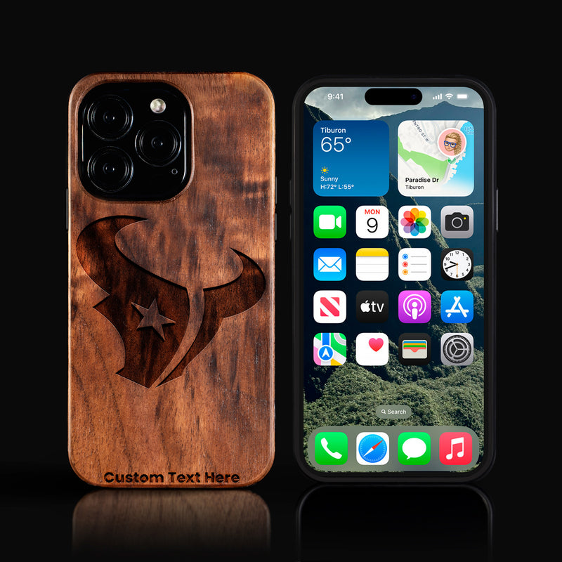 Custom Houston Texans iPhone 16/16 Pro/16 Pro Max/16 Plus Case - Carved Wood Texans Cover