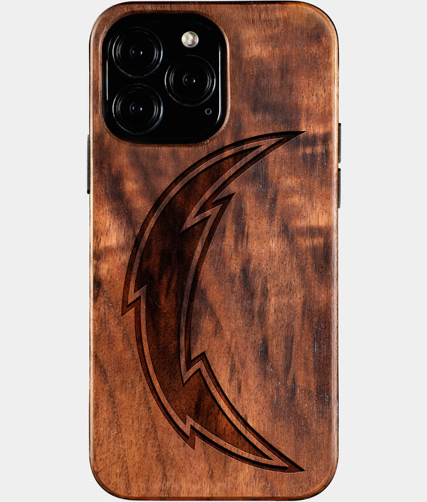 Custom Los Angeles Chargers iPhone 16/16 Pro/16 Pro Max/16 Plus Case - Wood Chargers Cover - Eco-friendly Los Angeles Chargers iPhone 16 Case - Carved Wood Custom Los Angeles Chargers Gift For Him - Monogrammed Personalized iPhone 16 Cover By Engraved In Nature