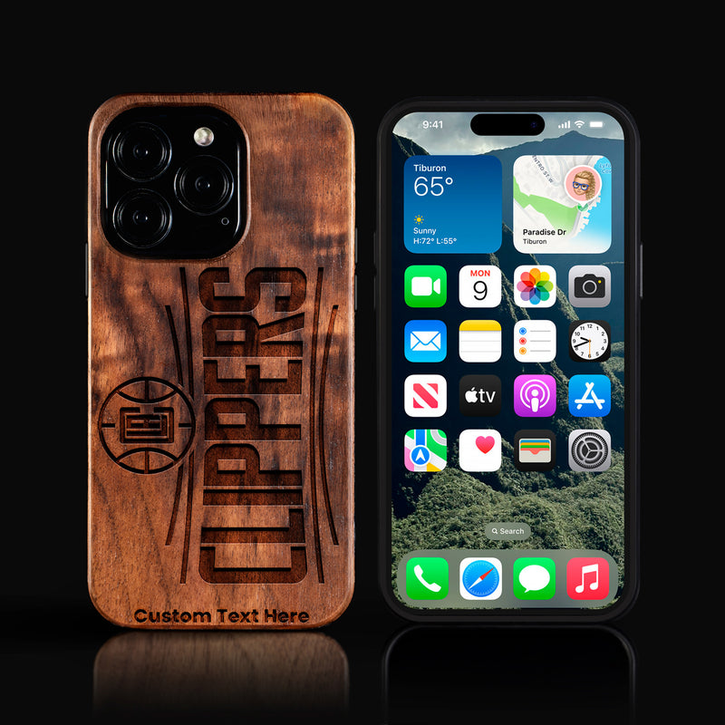 Custom Los Angeles Clippers iPhone 16/16 Pro/16 Pro Max/16 Plus Case - Carved Wood Clippers Cover