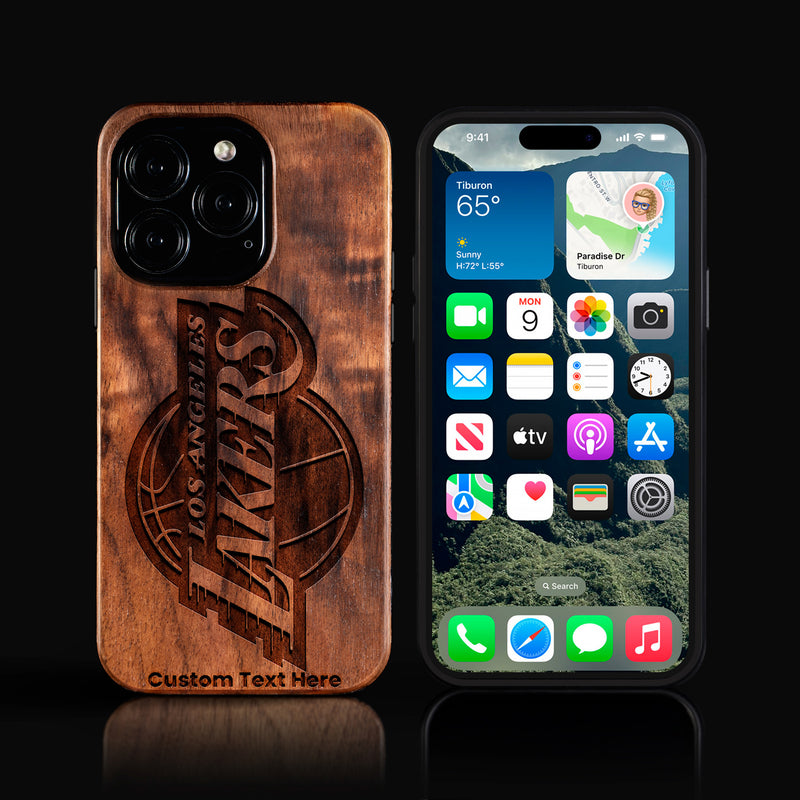 Custom Los Angeles Lakers iPhone 16/16 Pro/16 Pro Max/16 Plus Case - Carved Wood Lakers Cover