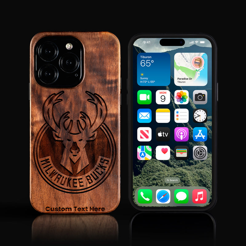 Custom Milwaukee Bucks iPhone 16/16 Pro/16 Pro Max/16 Plus Case - Carved Wood Bucks Cover