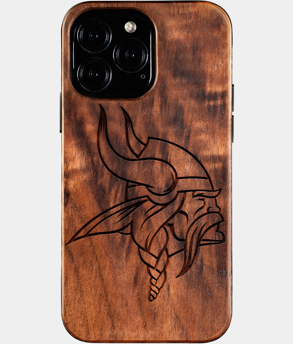 Custom Minnesota Vikings iPhone 16/16 Pro/16 Pro Max/16 Plus Case - Wood Vikings Cover - Eco-friendly Minnesota Vikings iPhone 16 Case - Carved Wood Custom Minnesota Vikings Gift For Him - Monogrammed Personalized iPhone 16 Cover By Engraved In Nature