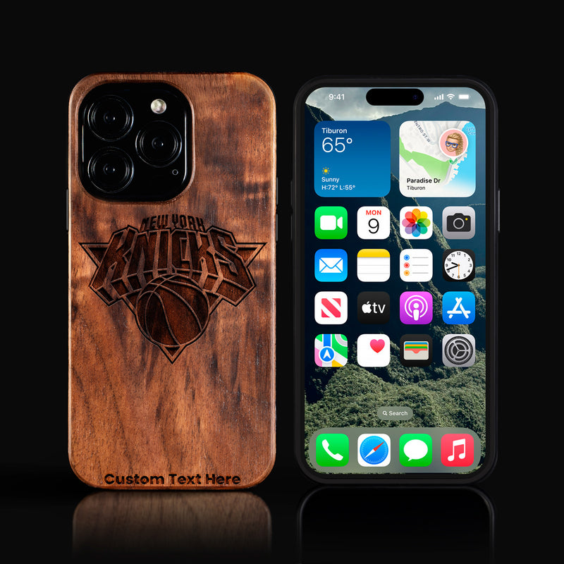 Custom New York Knicks iPhone 16/16 Pro/16 Pro Max/16 Plus Case - Carved Wood Knicks Cover