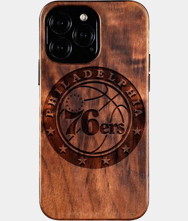 Custom Philadelphia 76Ers iPhone 16/16 Pro/16 Pro Max/16 Plus Case - Wood 76Ers Cover - Eco-friendly Philadelphia 76Ers iPhone 16 Case - Carved Wood Custom Philadelphia 76Ers Gift For Him - Monogrammed Personalized iPhone 16 Cover By Engraved In Nature
