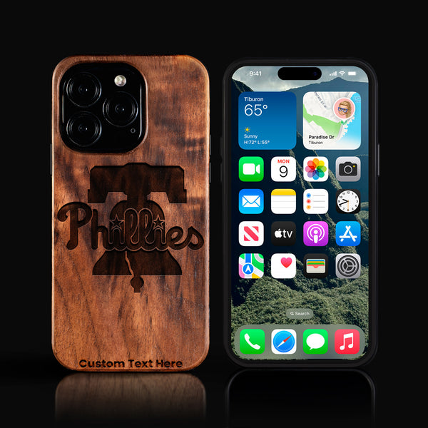Custom Philadelphia Phillies iPhone 16/16 Pro/16 Pro Max/16 Plus Case - Carved Wood Phillies Cover