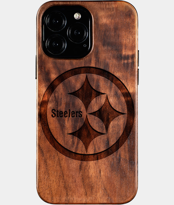 Custom Pittsburgh Steelers iPhone 16/16 Pro/16 Pro Max/16 Plus Case - Wood Steelers Cover - Eco-friendly Pittsburgh Steelers iPhone 16 Case - Carved Wood Custom Pittsburgh Steelers Gift For Him - Monogrammed Personalized iPhone 16 Cover By Engraved In Nature