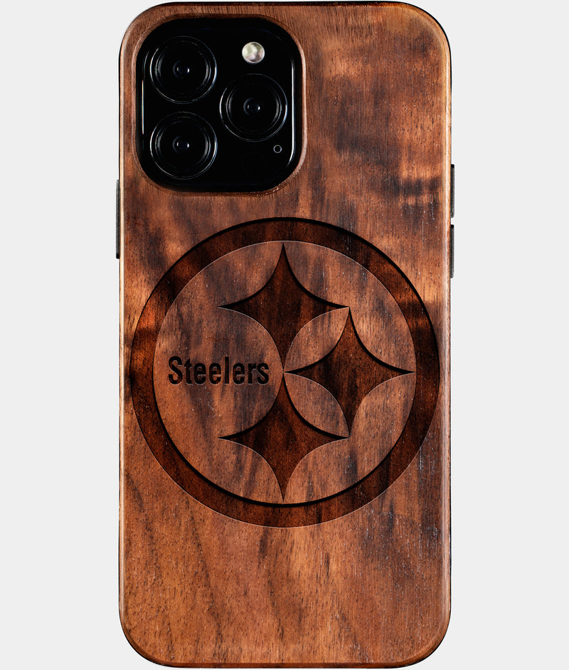 Custom Pittsburgh Steelers iPhone 16/16 Pro/16 Pro Max/16 Plus Case - Wood Steelers Cover - Eco-friendly Pittsburgh Steelers iPhone 16 Case - Carved Wood Custom Pittsburgh Steelers Gift For Him - Monogrammed Personalized iPhone 16 Cover By Engraved In Nature