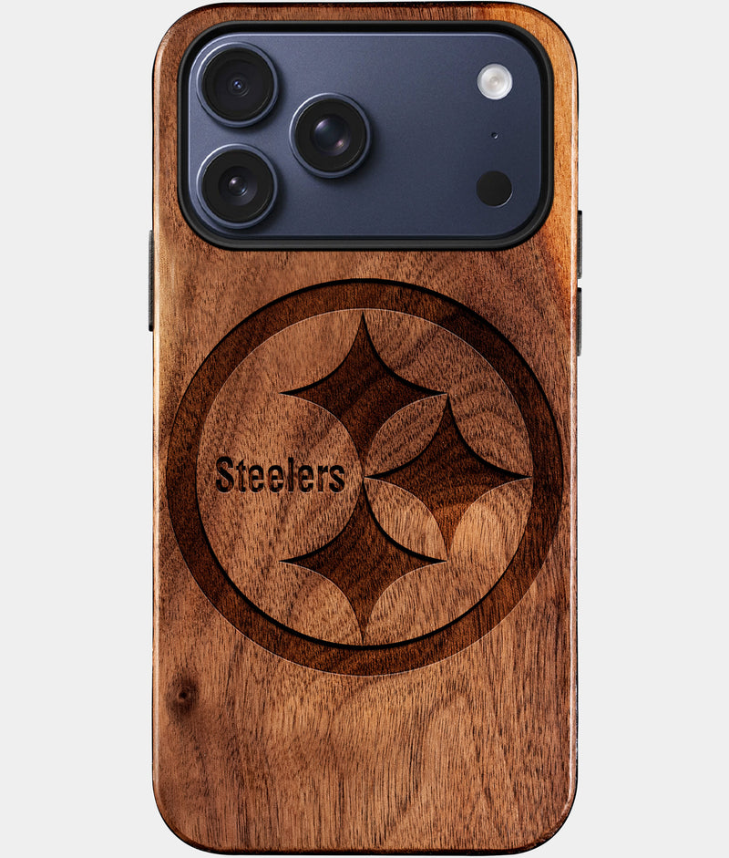 Eco-friendly Pittsburgh Steelers iPhone 17 Pro Max Case - Carved Wood Custom Pittsburgh Steelers Gift For Him - Monogrammed Personalized iPhone 17 Pro Max Cover By Engraved In Nature