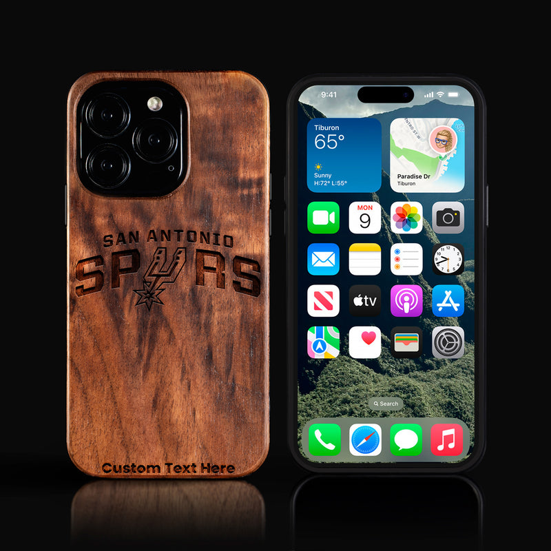 Custom San Antonio Spurs iPhone 16/16 Pro/16 Pro Max/16 Plus Case - Carved Wood Spurs Cover