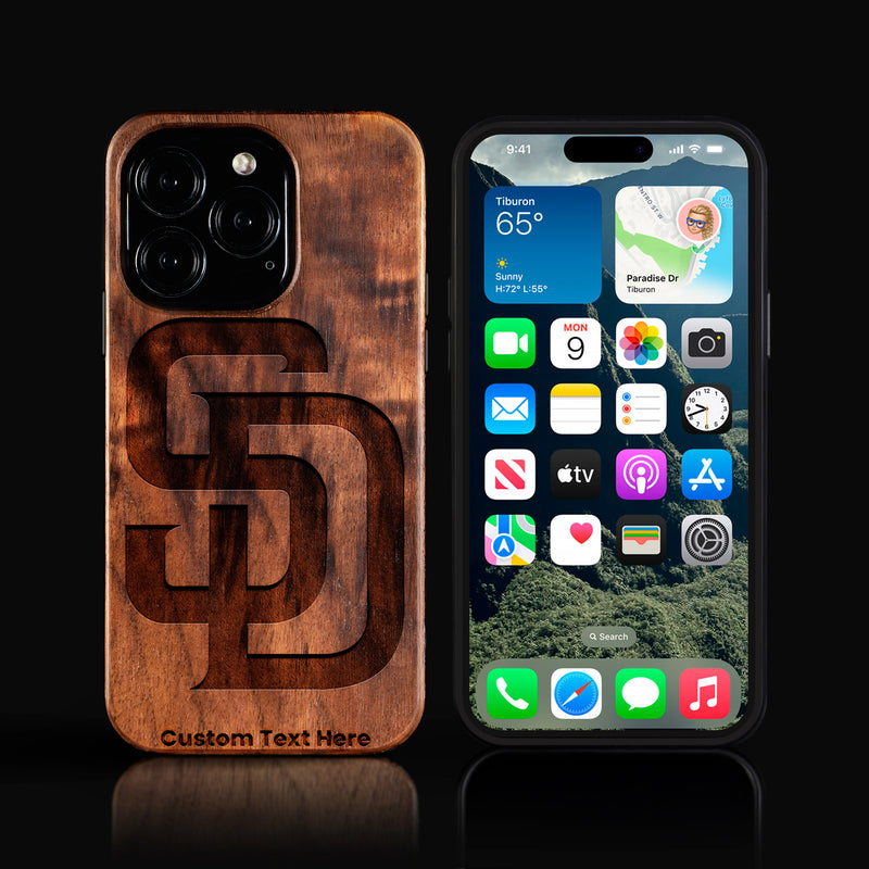 Custom San Diego Padres iPhone 16/16 Pro/16 Pro Max/16 Plus Case - Carved Wood Padres Cover