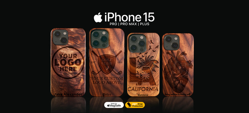 Wood Carved iPhone 15 Pro Max Cases - Customized Monogrammed Wood Carved MagSafe iPhone 15 Pro Max Cover | Design Your Own iPhone Case - Ecofriendly Bio-Degradable Best iPhone 15 Pro Max Cases | By Engraved In Nature