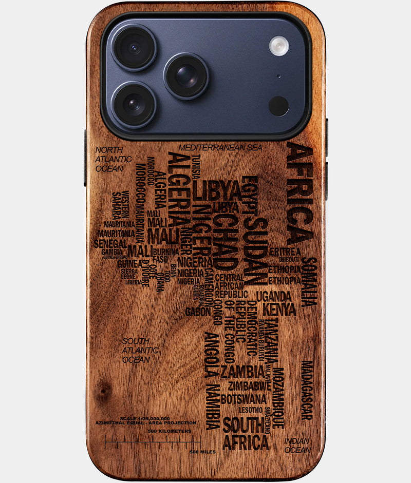 Wood Africa iPhone 17 Pro Case - Custom Black Owned Christmas Gifts, Engraved African American Gifts For Black Men and Women. Black Owned Business Making iPhone Accessories, Engraved Typography Maps College Graduation Gifts
