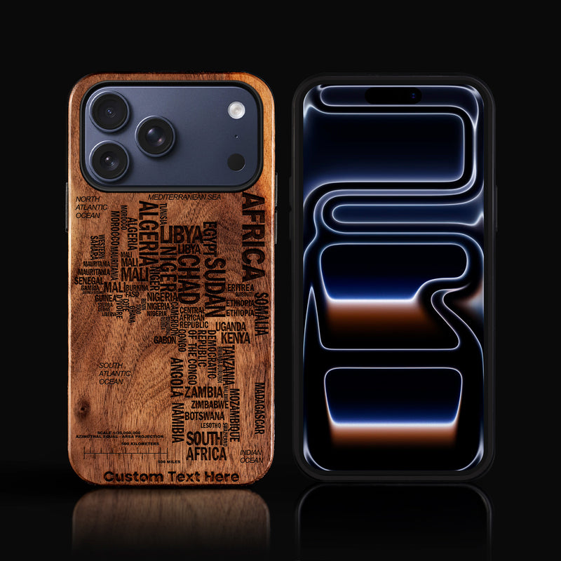 Wood Africa iPhone 17 Series Case - Personalized Black Owned Christmas Gifts, Black Owned In Los Angeles, California. Engraved African American Gifts For Black Men and Women. Black Owned Business Making iPhone Accessories, Engraved Typography Maps College Graduation Gifts