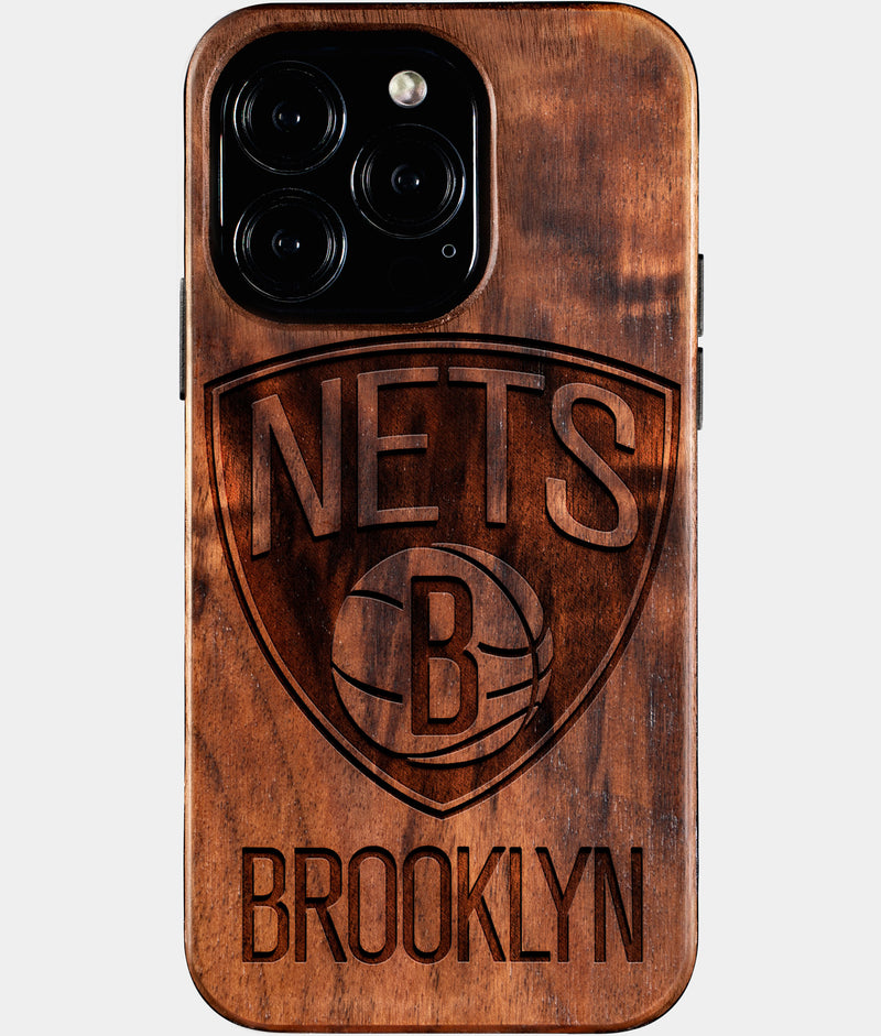 Eco-friendly Brooklyn Nets iPhone 16 Pro Case - Carved Wood Custom Brooklyn Nets Gift For Him - Monogrammed Personalized iPhone 16 Pro Cover By Engraved In Nature