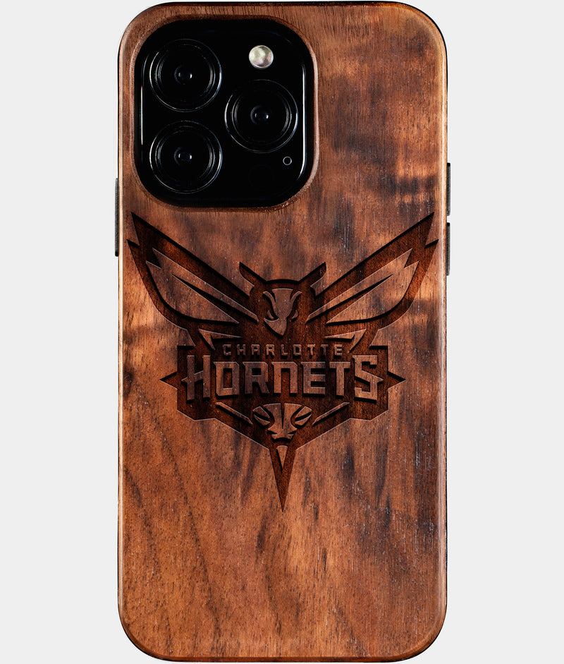 Eco-friendly Charlotte Hornets iPhone 16 Pro Case - Carved Wood Custom Charlotte Hornets Gift For Him - Monogrammed Personalized iPhone 16 Pro Cover By Engraved In Nature
