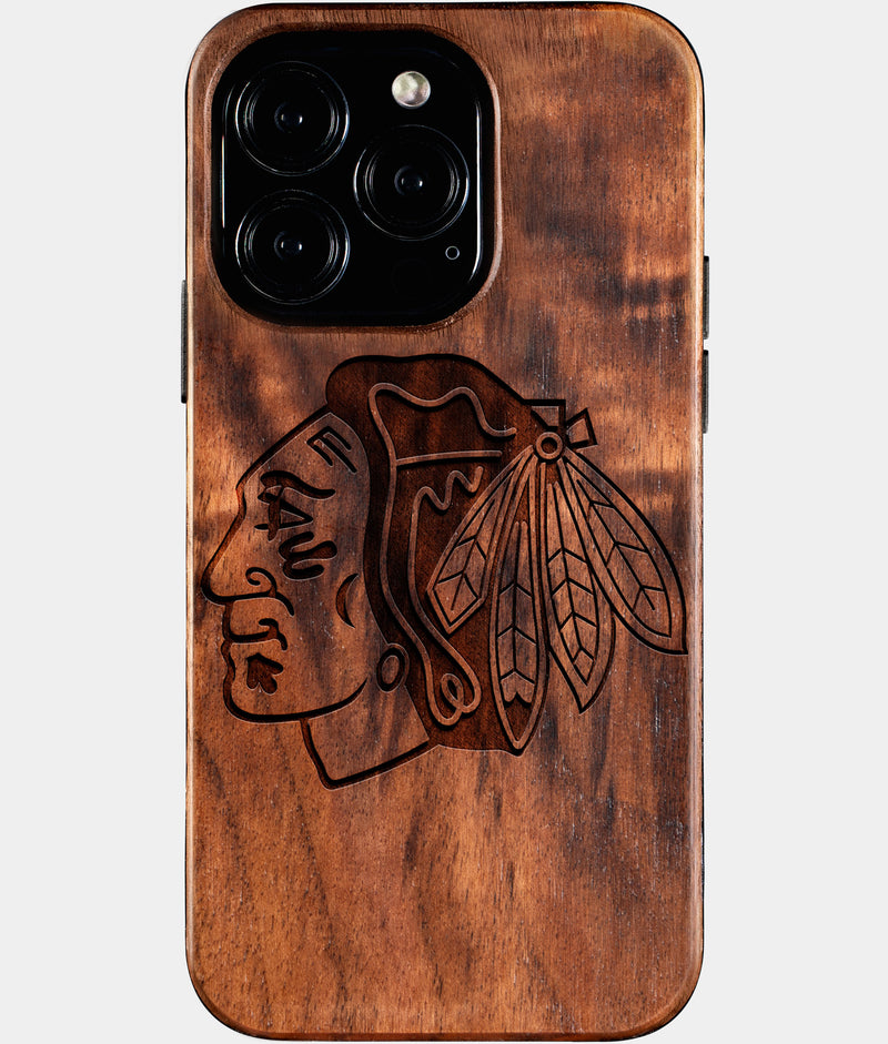Eco-friendly Chicago Blackhawks iPhone 16 Pro Case - Carved Wood Custom Chicago Blackhawks Gift For Him - Monogrammed Personalized iPhone 16 Pro Cover By Engraved In Nature
