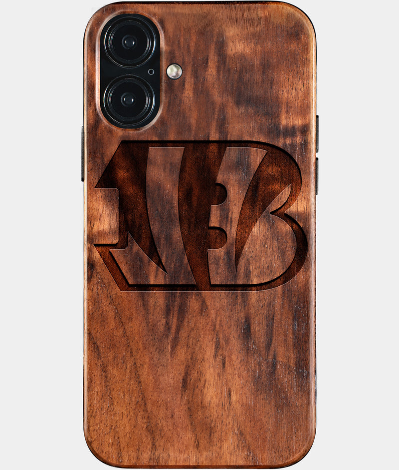 Eco-friendly Cincinnati Bengals iPhone 16 Plus Case - Carved Wood Custom Cincinnati Bengals Gift For Him - Monogrammed Personalized iPhone 16 Plus Cover By Engraved In Nature