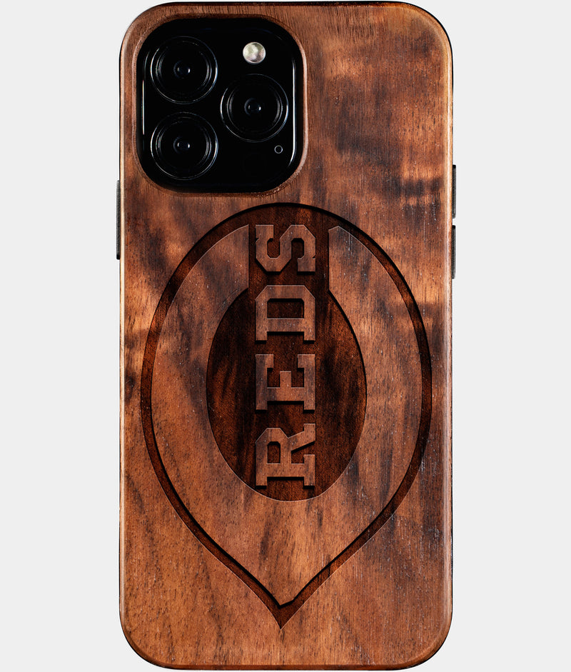 Eco-friendly Cincinnati Reds iPhone 16 Pro Max Case - Carved Wood Custom Cincinnati Reds Gift For Him - Monogrammed Personalized iPhone 16 Pro Max Cover By Engraved In Nature