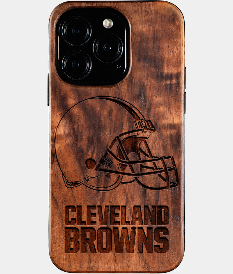 Eco-friendly Cleveland Browns iPhone 16 Pro Case - Carved Wood Custom Cleveland Browns Gift For Him - Monogrammed Personalized iPhone 16 Pro Cover By Engraved In Nature