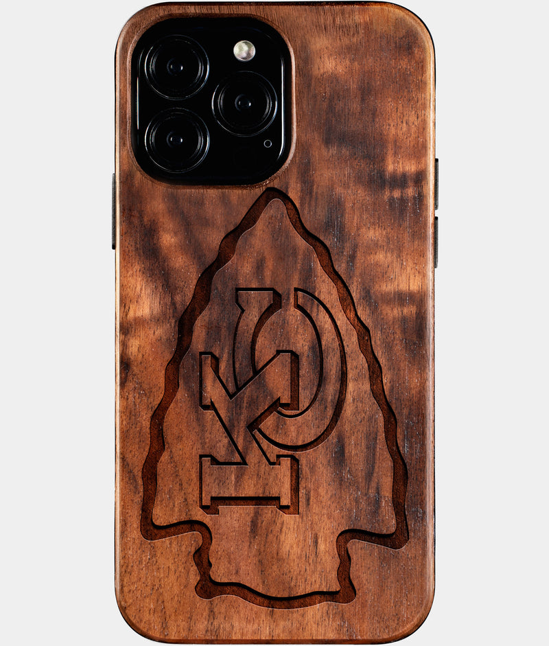Eco-friendly Kansas City Chiefs iPhone 16 Pro Max Case - Carved Wood Custom Kansas City Chiefs Gift For Him - Monogrammed Personalized iPhone 16 Pro Max Cover By Engraved In Nature
