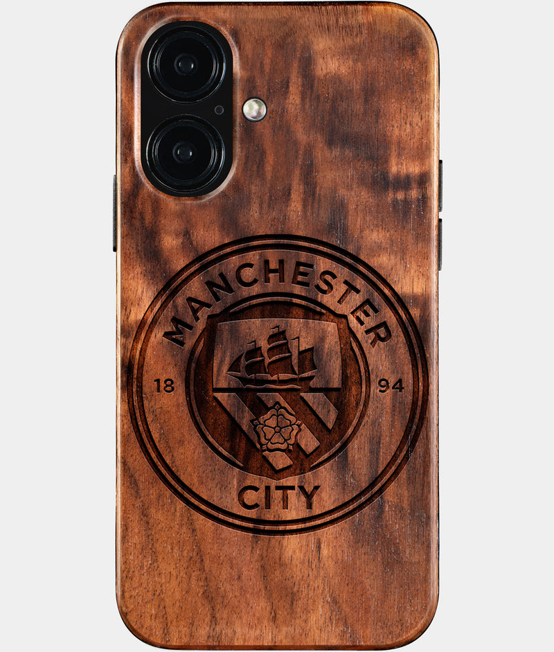 Eco-friendly Manchester City FC iPhone 16 Case - Carved Wood Custom Manchester City FC Gift For Him - Monogrammed Personalized iPhone 16 Cover By Engraved In Nature