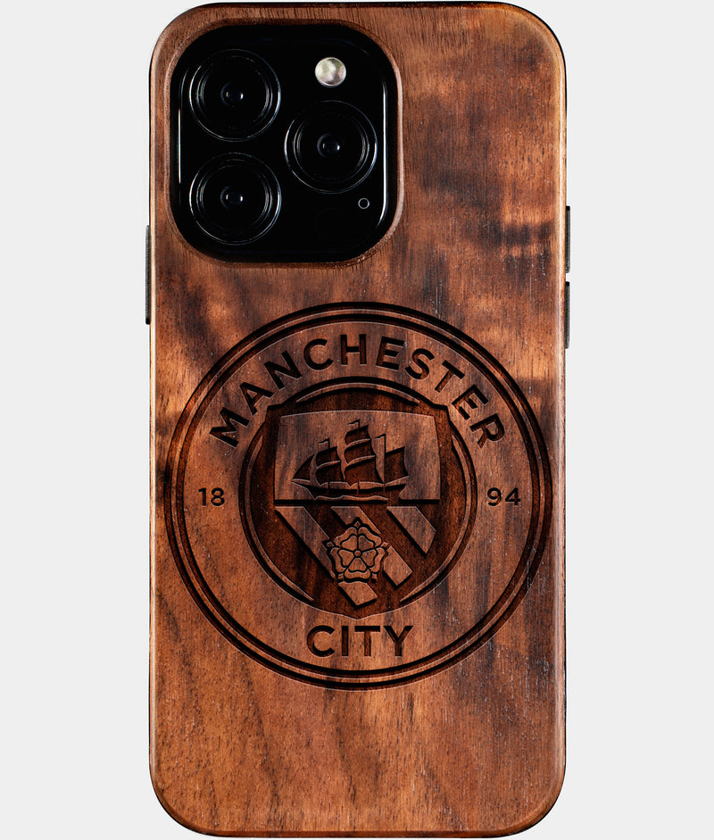 Eco-friendly Manchester City FC iPhone 16 Pro Case - Carved Wood Custom Manchester City FC Gift For Him - Monogrammed Personalized iPhone 16 Pro Cover By Engraved In Nature