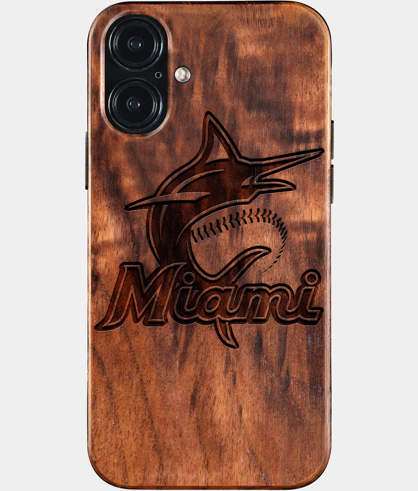 Eco-friendly Miami Marlins iPhone 16 Plus Case - Carved Wood Custom Miami Marlins Gift For Him - Monogrammed Personalized iPhone 16 Plus Cover By Engraved In Nature