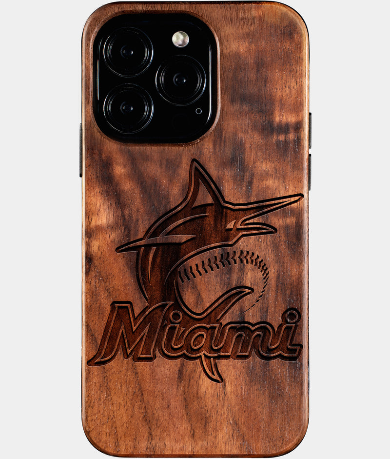 Eco-friendly Miami Marlins iPhone 16 Pro Case - Carved Wood Custom Miami Marlins Gift For Him - Monogrammed Personalized iPhone 16 Pro Cover By Engraved In Nature