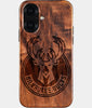 Eco-friendly Milwaukee Bucks iPhone 16 Case - Carved Wood Custom Milwaukee Bucks Gift For Him - Monogrammed Personalized iPhone 16 Cover By Engraved In Nature