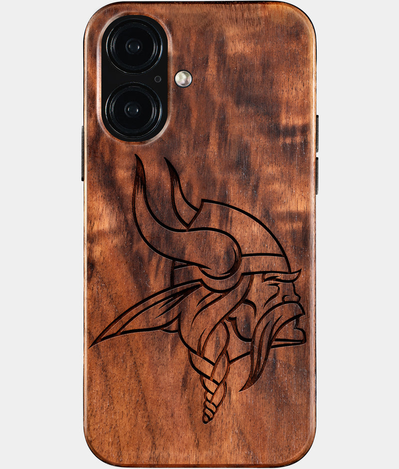 Eco-friendly Minnesota Vikings iPhone 16 Case - Carved Wood Custom Minnesota Vikings Gift For Him - Monogrammed Personalized iPhone 16 Cover By Engraved In Nature