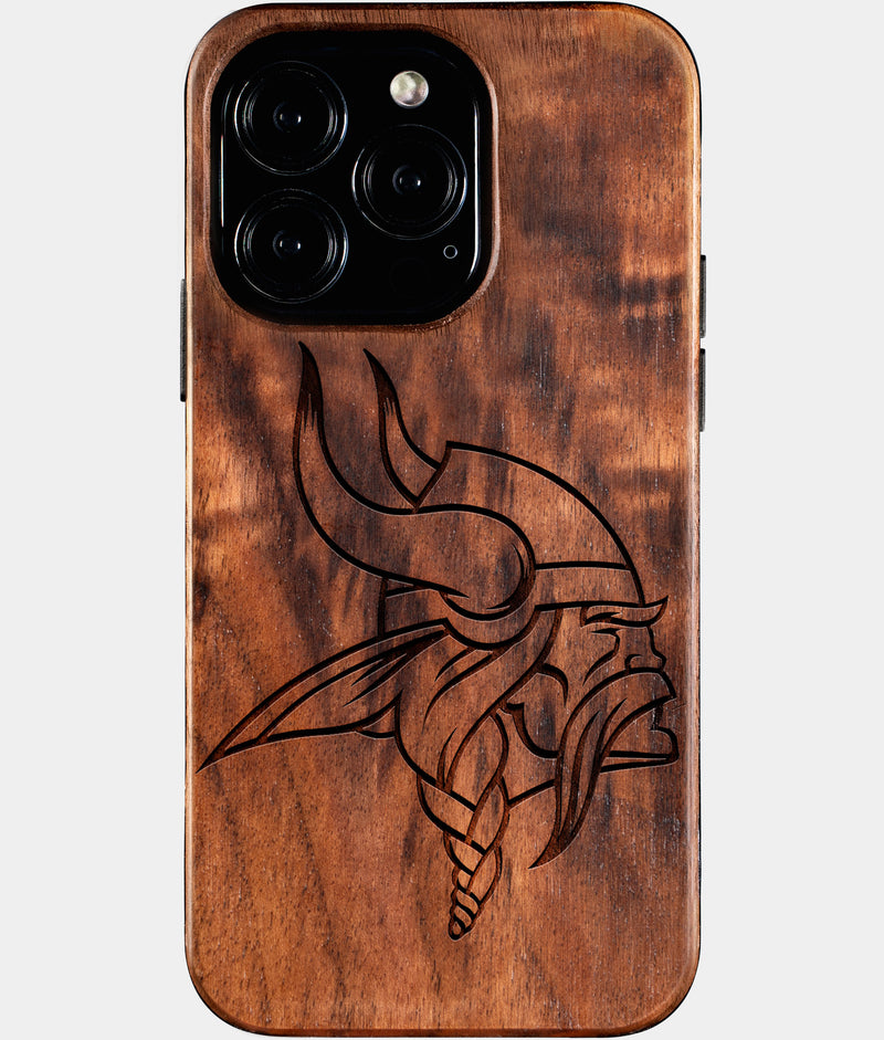 Eco-friendly Minnesota Vikings iPhone 16 Pro Case - Carved Wood Custom Minnesota Vikings Gift For Him - Monogrammed Personalized iPhone 16 Pro Cover By Engraved In Nature