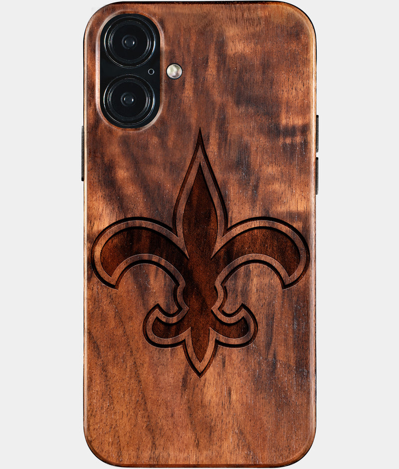 Eco-friendly New Orleans Saints iPhone 16 Plus Case - Carved Wood Custom New Orleans Saints Gift For Him - Monogrammed Personalized iPhone 16 Plus Cover By Engraved In Nature