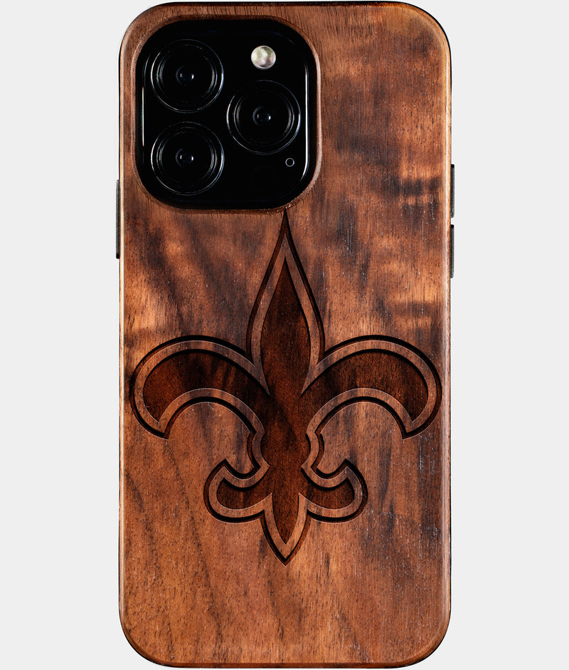Eco-friendly New Orleans Saints iPhone 16 Pro Case - Carved Wood Custom New Orleans Saints Gift For Him - Monogrammed Personalized iPhone 16 Pro Cover By Engraved In Nature