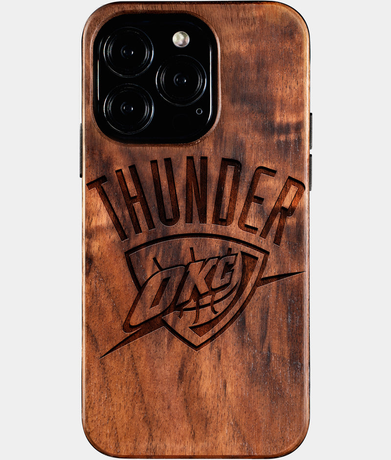 Eco-friendly OKC Thunder iPhone 16 Pro Case - Carved Wood Custom OKC Thunder Gift For Him - Monogrammed Personalized iPhone 16 Pro Cover By Engraved In Nature