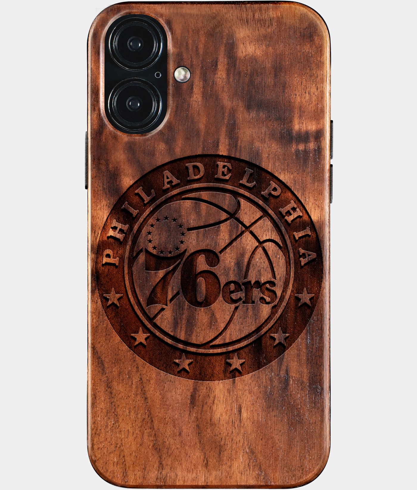 Eco-friendly Philadelphia 76Ers iPhone 16 Plus Case - Carved Wood Custom Philadelphia 76Ers Gift For Him - Monogrammed Personalized iPhone 16 Plus Cover By Engraved In Nature