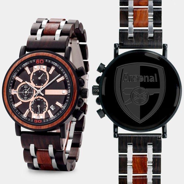 Arsenal F.C. Mens Wrist Watch  - Personalized Arsenal F.C. Mens Watches - Custom Gifts For Him, Birthday Gifts, Gift For Dad - Best 2022 Arsenal F.C. Christmas Gifts - Black 45mm FC Wood Watch - By Engraved In Nature