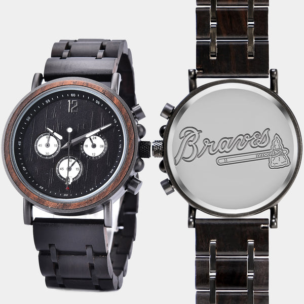 Atlanta Braves Mens Wrist Watch  - Personalized Atlanta Braves Mens Watches - Custom Gifts For Him, Birthday Gifts, Gift For Dad - Best 2022 Atlanta Braves Christmas Gifts - Black 45mm MLB Wood Watch - By Engraved In Nature