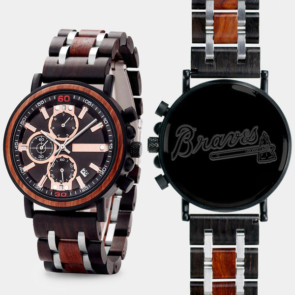 Atlanta Braves Mens Wrist Watch  - Personalized Atlanta Braves Mens Watches - Custom Gifts For Him, Birthday Gifts, Gift For Dad - Best 2022 Atlanta Braves Christmas Gifts - Black 45mm MLB Wood Watch - By Engraved In Nature