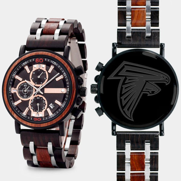 Atlanta Falcons Mens Wrist Watch  - Personalized Atlanta Falcons Mens Watches - Custom Gifts For Him, Birthday Gifts, Gift For Dad - Best 2022 Atlanta Falcons Christmas Gifts - Black 45mm NFL Wood Watch - By Engraved In Nature