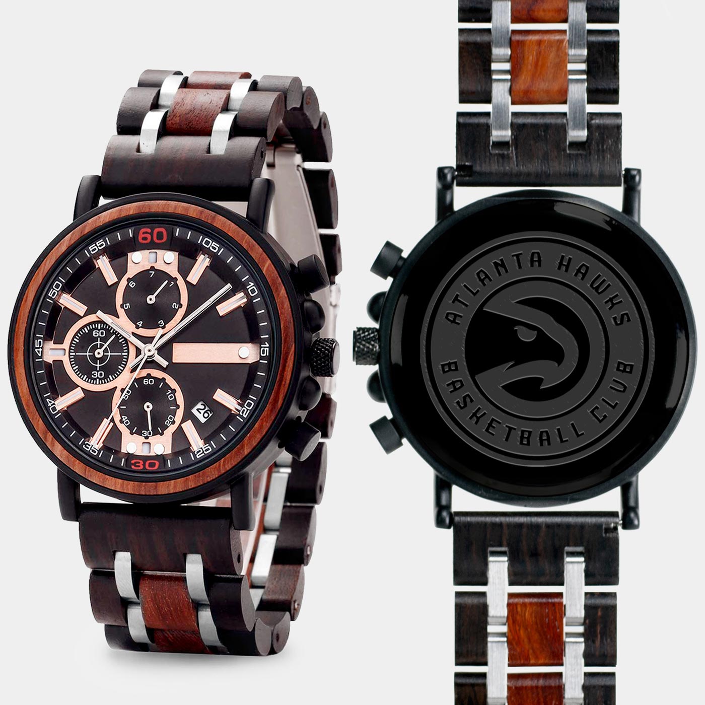 Atlanta Hawks Mens Wrist Watch  - Personalized Atlanta Hawks Mens Watches - Custom Gifts For Him, Birthday Gifts, Gift For Dad - Best 2022 Atlanta Hawks Christmas Gifts - Black 45mm NBA Wood Watch - By Engraved In Nature