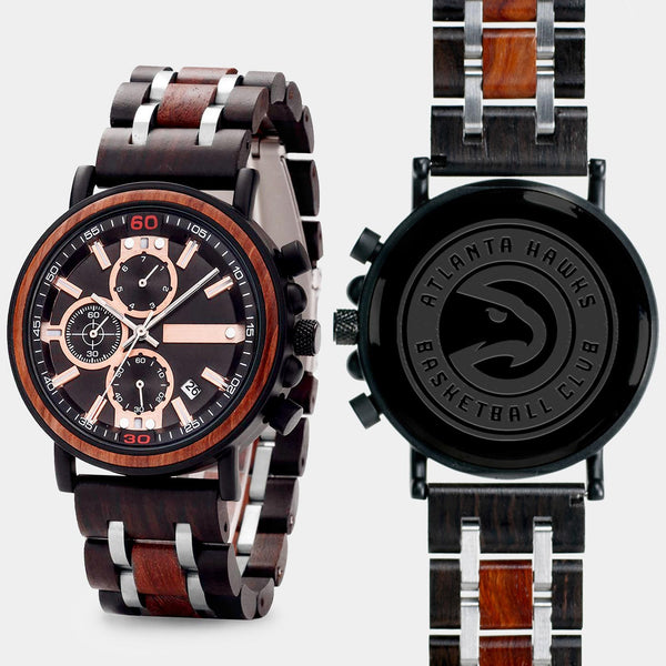 Atlanta Hawks Mens Wrist Watch  - Personalized Atlanta Hawks Mens Watches - Custom Gifts For Him, Birthday Gifts, Gift For Dad - Best 2022 Atlanta Hawks Christmas Gifts - Black 45mm NBA Wood Watch - By Engraved In Nature