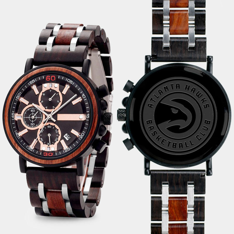 Atlanta Hawks Mens Wrist Watch  - Personalized Atlanta Hawks Mens Watches - Custom Gifts For Him, Birthday Gifts, Gift For Dad - Best 2022 Atlanta Hawks Christmas Gifts - Black 45mm NBA Wood Watch - By Engraved In Nature