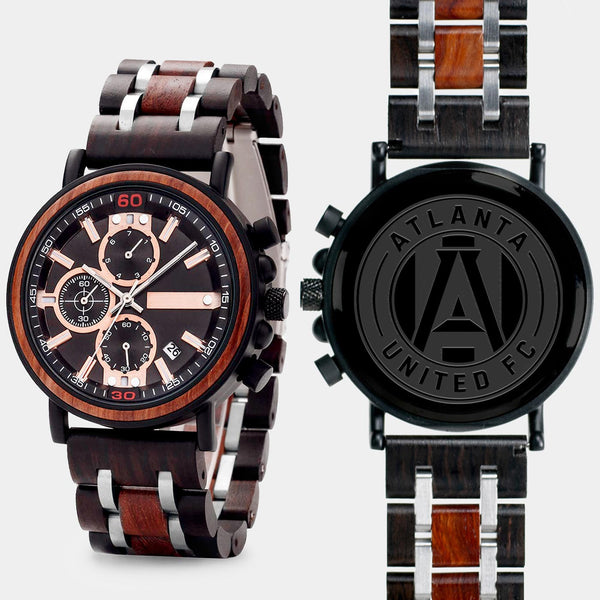 Atlanta United FC Mens Wrist Watch  - Personalized Atlanta United FC Mens Watches - Custom Gifts For Him, Birthday Gifts, Gift For Dad - Best 2022 Atlanta United FC Christmas Gifts - Black 45mm MLS Wood Watch - By Engraved In Nature